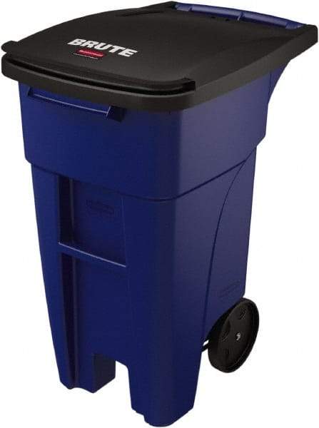 Rubbermaid - 32 Gal Blue Rectangle Trash Can - Plastic, None Graphic, 37.16" High x 20.62" Wide, Lid Included - Eagle Tool & Supply