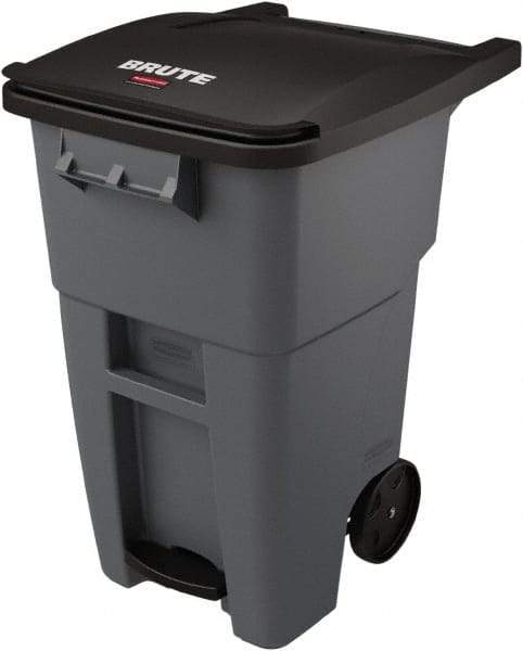 Rubbermaid - 50 Gal Gray Rectangle Trash Can - Plastic, None Graphic, 39.58" High x 24" Wide, Lid Included - Eagle Tool & Supply