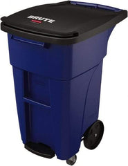 Rubbermaid - 32 Gal Blue Rectangle Trash Can - Plastic, None Graphic, 37.16" High x 20.62" Wide, Lid Included - Eagle Tool & Supply