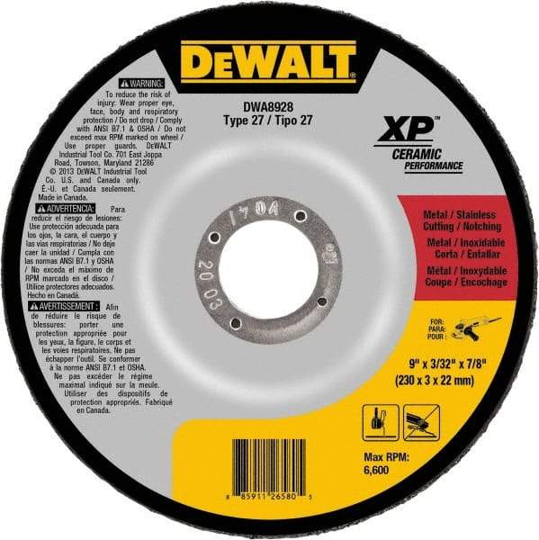 DeWALT - 24 Grit, 9" Wheel Diam, 7/8" Arbor Hole, Type 27 Depressed Center Wheel - Coarse/Medium Grade, Ceramic, N Hardness, 6,600 Max RPM - Eagle Tool & Supply