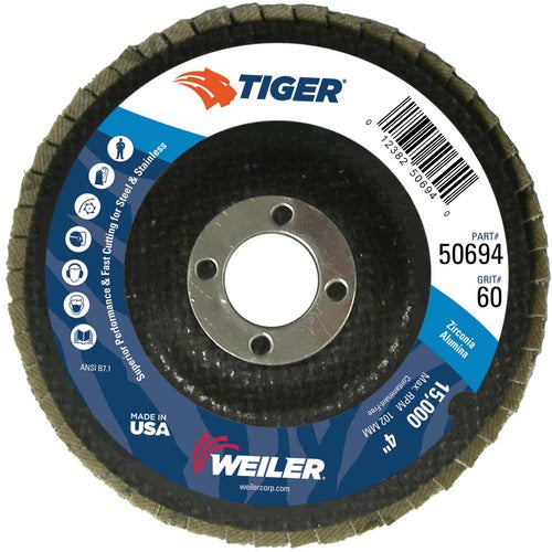 4″ Tiger Disc Abrasive Flap Disc, Flat, Phenolic Backing, 60Z, 5/8″ Arbor Hole - Eagle Tool & Supply