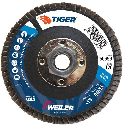 4-1/2″ Tiger Disc Abrasive Flap Disc, Flat, Phenolic Backing, 120Z, 5/8″-11 UNC Nut - Eagle Tool & Supply