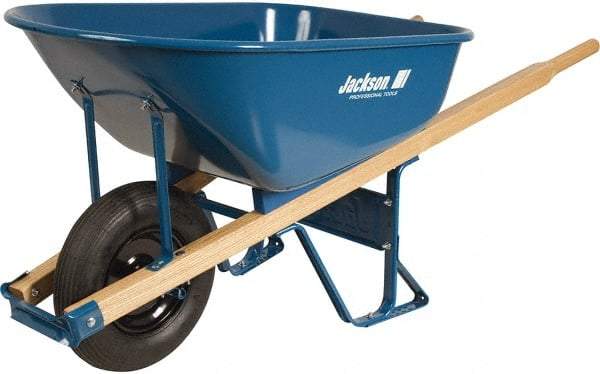 Jackson Professional Tools - 6 Cu Ft Capacity Wheelbarrow with 16" Pneumatic Wheel - Wood Handle, 58-3/4" Long x 25-1/2" Wide x 27" High, Blue - Eagle Tool & Supply