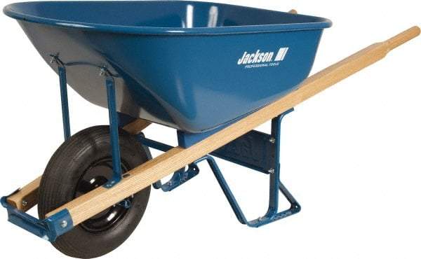 Jackson Professional Tools - 6 Cu Ft Capacity Wheelbarrow with 15" Flat Free Wheel - Wood Handle, 58-3/4" Long x 25-1/2" Wide x 27" High, Blue - Eagle Tool & Supply