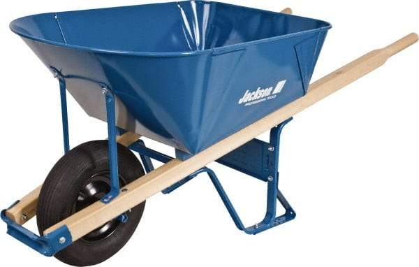 Jackson Professional Tools - 6 Cu Ft Capacity Wheelbarrow with 16" Pneumatic Wheel - Wood Handle, 58-1/2" Long x 26-3/4" Wide x 27" High, Blue - Eagle Tool & Supply