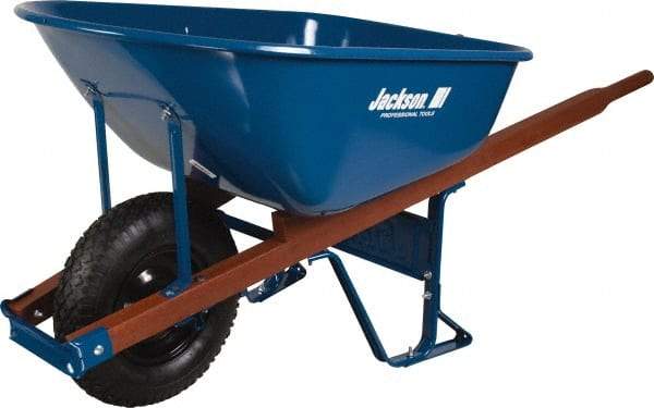 Jackson Professional Tools - 6 Cu Ft Capacity Wheelbarrow with 16" Pneumatic Wheel - Wood Handle, 58-3/4" Long x 25-1/2" Wide x 27" High, Blue - Eagle Tool & Supply