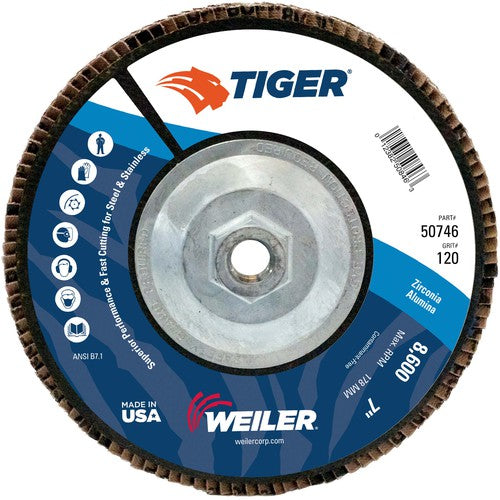 7″ Tiger Disc Abrasive Flap Disc, Flat, Phenolic Backing, 120Z, 5/8″-11 UNC Nut - Eagle Tool & Supply
