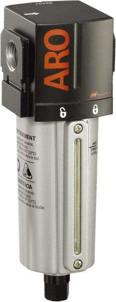 ARO/Ingersoll-Rand - 3/8" Port, 7.913" High x 2.874" Wide Standard Filter with Metal Bowl, Automatic Drain - 156 SCFM, 250 Max psi, 175°F Max Temp, Sight Glass Included, Modular Connection, 2.8 oz Bowl Capacity - Eagle Tool & Supply