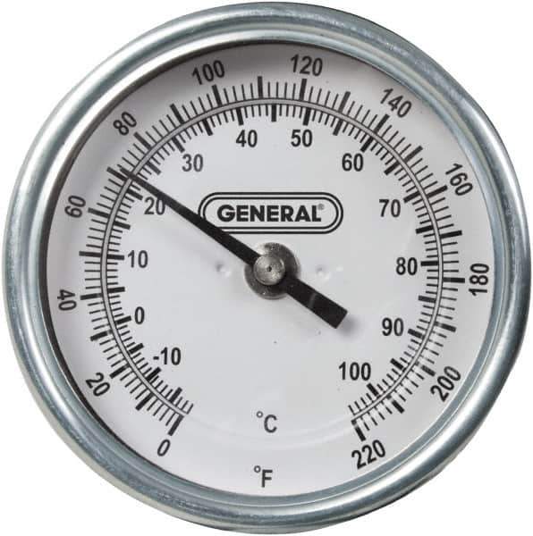 General - 36 Inch Long Stem, 3 Inch Dial Diameter, Back Connected Bi-Metal Thermometer - 220°Fahrenheit - Eagle Tool & Supply