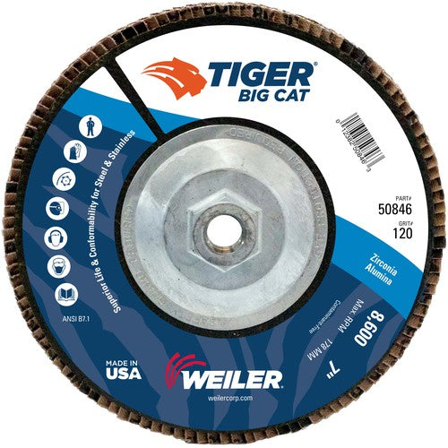 7″ Big Cat Abrasive Flap Disc, Flat, Phenolic Backing, 120Z, 5/8″-11 UNC Nut - Exact Industrial Supply