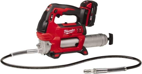 Milwaukee Tool - 10,000 Max psi, Flexible Battery-Operated Grease Gun - 14 oz Capacity, 31 Strokes per oz, Includes Grease Gun, Gauge Hose Assembly, Coupler, 18 V Rechargeable Battery, 30-Minute Charger, Carrying Case & Carrying Strip - Eagle Tool & Supply