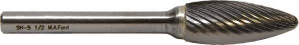 M.A. Ford - 1/8" Cut Diam, 1/8" Shank Diam, Flame Head Fine Cut Burr - Carbide, Radius End, 1/4" LOC, 3" OAL - Eagle Tool & Supply