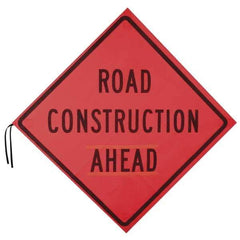 PRO-SAFE - "Road Construction Ahead", 48" Wide x 48" High, Nylon Construction Roadway Signs - Orange, Square, Sign Stand Mount - Eagle Tool & Supply