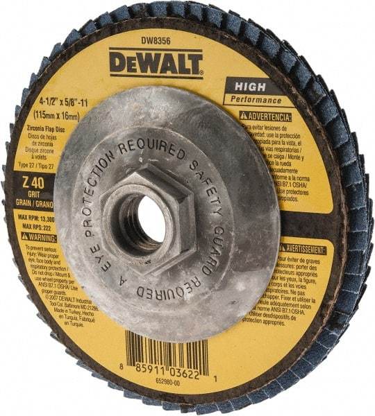 DeWALT - 40 Grit, 4-1/2" Disc Diam, 5/8-11 Center Hole, Type 27 Zirconia Alumina Flap Disc - 13,300 Max RPM, Fiberglass Backing, Arbor Attaching System, Coated - Eagle Tool & Supply
