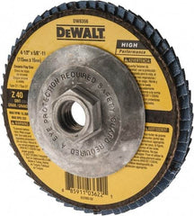 DeWALT - 40 Grit, 4-1/2" Disc Diam, 5/8-11 Center Hole, Type 27 Zirconia Alumina Flap Disc - 13,300 Max RPM, Fiberglass Backing, Arbor Attaching System, Coated - Eagle Tool & Supply