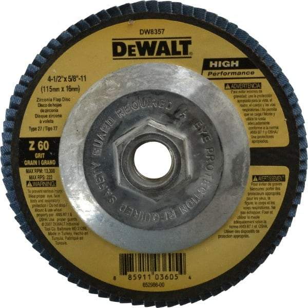 DeWALT - 60 Grit, 4-1/2" Disc Diam, 5/8-11 Center Hole, Type 27 Zirconia Alumina Flap Disc - 13,300 Max RPM, Fiberglass Backing, Arbor Attaching System, Coated - Eagle Tool & Supply