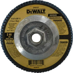 DeWALT - 60 Grit, 4-1/2" Disc Diam, 5/8-11 Center Hole, Type 27 Zirconia Alumina Flap Disc - 13,300 Max RPM, Fiberglass Backing, Arbor Attaching System, Coated - Eagle Tool & Supply
