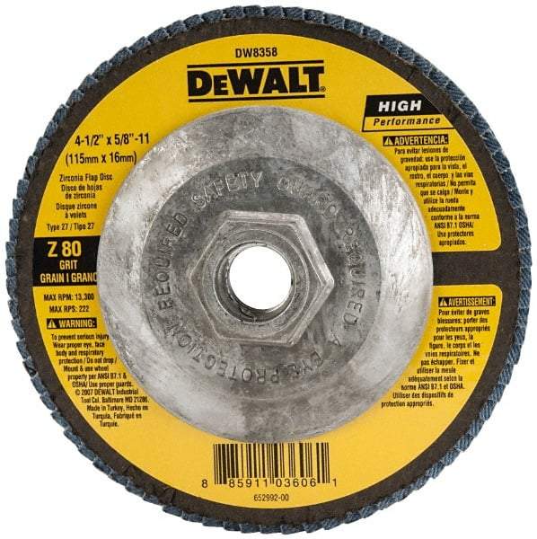 DeWALT - 80 Grit, 4-1/2" Disc Diam, 5/8-11 Center Hole, Type 27 Zirconia Alumina Flap Disc - 13,300 Max RPM, Fiberglass Backing, Arbor Attaching System, Coated - Eagle Tool & Supply