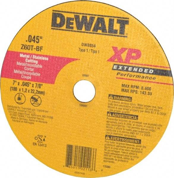 DeWALT - 7" 60 Grit Zirconia Alumina Cutoff Wheel - 0.045" Thick, 7/8" Arbor, 8,700 Max RPM, Use with Circular Saws - Eagle Tool & Supply