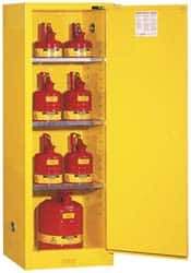 Justrite - 1 Door, 3 Shelf, Yellow Steel Space Saver Safety Cabinet for Flammable and Combustible Liquids - 65" High x 23-1/4" Wide x 18" Deep, Self Closing Door, 22 Gal Capacity - Eagle Tool & Supply