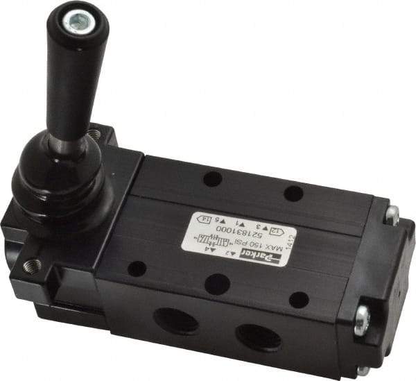 Parker - 0.83 CV Rate, 1/4" NPT Inlet Direct Air 4 Mechanical Spool Valve - 4 Way, 3 Position CC, 150 Max psi, Lever Manual Return - Eagle Tool & Supply