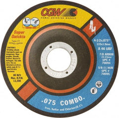 Camel Grinding Wheels - 46 Grit, 5" Wheel Diam, 5/64" Wheel Thickness, 7/8" Arbor Hole, Type 27 Depressed Center Wheel - Medium Grade, Aluminum Oxide, Resinoid Bond, U Hardness, 12,250 Max RPM - Eagle Tool & Supply