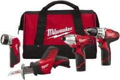 Milwaukee Tool - 12 Volt Cordless Tool Combination Kit - Includes 3/8" Drill/Driver, Reciprocating Saw, 1/4" Hex Impact Driver & Work Light, Lithium-Ion Battery Not Included - Eagle Tool & Supply