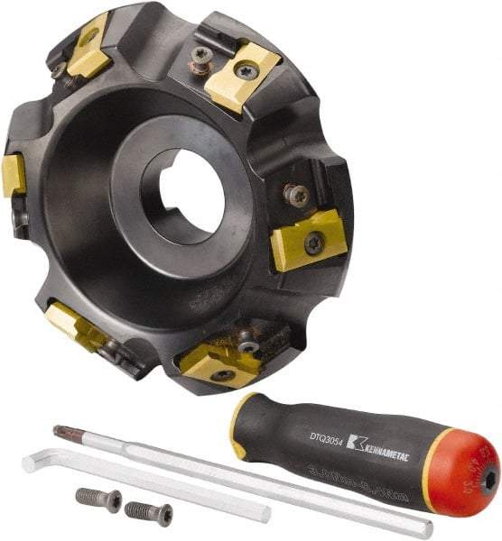 Kennametal - 5" Cut Diam, 1-1/2" Arbor Hole, 21.41mm Max Depth of Cut, 30° Indexable Chamfer & Angle Face Mill - 6 Inserts, LN.U 2210... Insert, Right Hand Cut, 6 Flutes, Series MEGA60 - Eagle Tool & Supply