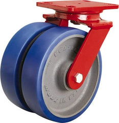 Hamilton - 8" Diam x 2" Wide x 9-3/4" OAH Top Plate Mount Swivel Caster - Polyurethane Mold onto Cast Iron Center, 2,400 Lb Capacity, Tapered Roller Bearing, 4-1/2 x 6-1/2" Plate - Eagle Tool & Supply