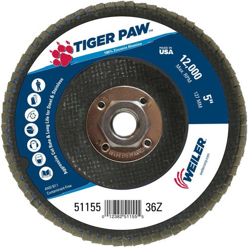 5″ Tiger Paw Abrasive Flap Disc, Angled, Phenolic Backing, 36Z, 5/8″-11 Arbor Hole - Eagle Tool & Supply