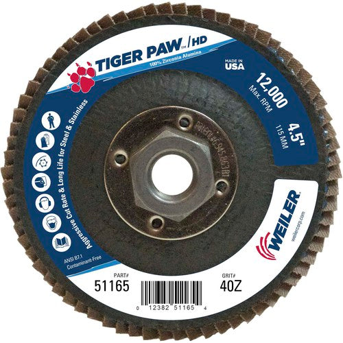 4 1/2″ × 5/8″-11-40 Grit - T27 Tiger Paw High Density Zirc Flap Disc Phenolic Back - Eagle Tool & Supply