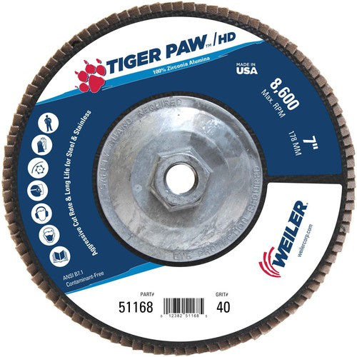 7″ Tiger Paw Super High Density Flap Disc, Flat, Phenolic Backing, 40Z, 5/8″-11 Arbor Hole - Eagle Tool & Supply