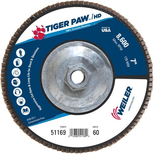 7″ Tiger Paw Super High Density Flap Disc, Flat, Phenolic Backing, 60Z, 5/8″-11 Arbor Hole - Eagle Tool & Supply