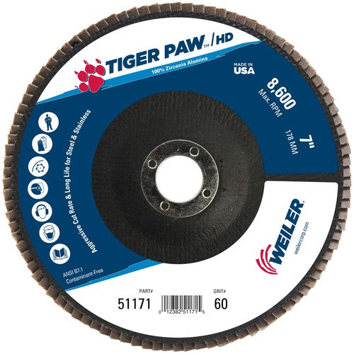 7″ Tiger Paw Super High Density Flap Disc, Flat, Phenolic Backing, 60Z, 7/8″ Arbor Hole - Eagle Tool & Supply