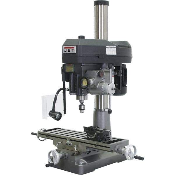 Jet - 1 Phase, 15-7/8" Swing, Variable Speed Pulley Mill Drill Combination - 9-1/2" Table Length x 32-1/4" Table Width, 20-1/2" Longitudinal Travel, 7" Cross Travel, 12 Spindle Speeds, 2 hp, 230 Volts - Eagle Tool & Supply