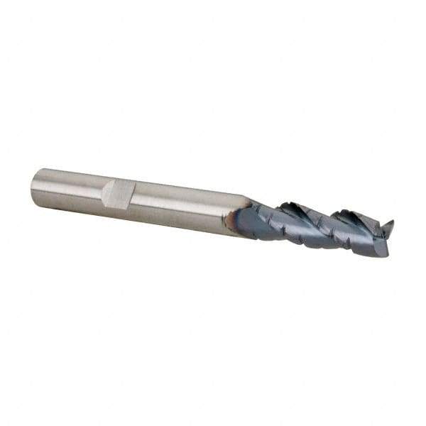 Kennametal - 1/4" Diam, Coarse Pitch, 3/4" LOC, 3 Flute Solid Carbide 0.02" Corner Radius Roughing End Mill - AlTiN Finish, 2-1/2" OAL, 1/4" Shank Diam, Centercutting, 30° Helix - Eagle Tool & Supply
