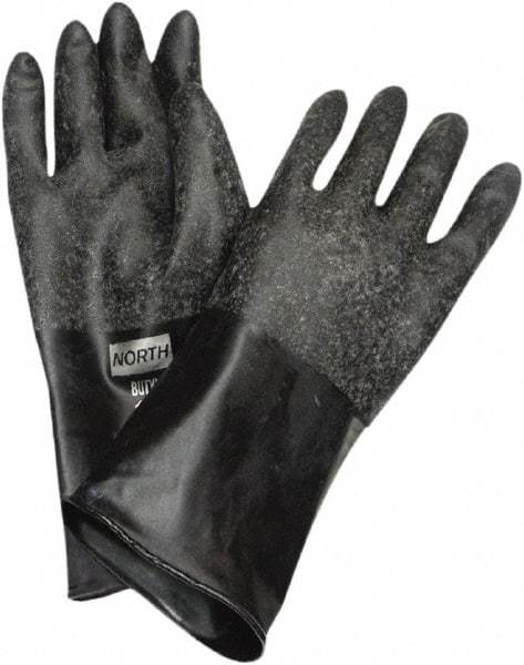 North - Size L (9), 14" Long, 14 mil Thick, Butyl Chemical Resistant Gloves - Rough Finish, Rolled Cuff, Black, FDA Approved - Eagle Tool & Supply