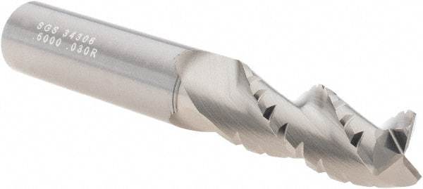 SGS - 1/2" Diam, 1-1/4" LOC, 3 Flute Solid Carbide 0.03" Corner Radius Roughing End Mill - TiB2 Finish, 3-1/4" OAL, 1/2" Shank Diam, Single End, Centercutting, 38° Helix - Eagle Tool & Supply