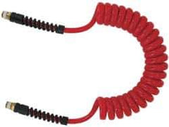 PRO-SOURCE - 5/16" ID, 1/4 Thread, 25' Long, Red Polyurethane Coiled & Self Storing Hose - 185 Max psi, Male Swivel x Male Swivel - Eagle Tool & Supply