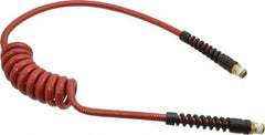 PRO-SOURCE - 1/4" ID, 1/4 Thread, 5' Long, Red Polyurethane Coiled & Self Storing Hose - 220 Max psi, Male Swivel x Male Swivel - Eagle Tool & Supply