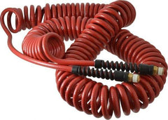 PRO-SOURCE - 1/4" ID, 1/4 Thread, 50' Long, Red Polyurethane Coiled & Self Storing Hose - 220 Max psi, Male Swivel x Male Swivel - Eagle Tool & Supply