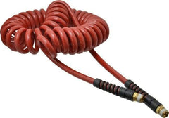 PRO-SOURCE - 3/8" ID, 3/8 Thread, 25' Long, Red Polyurethane Coiled & Self Storing Hose - 200 Max psi, Male Swivel x Male Swivel - Eagle Tool & Supply