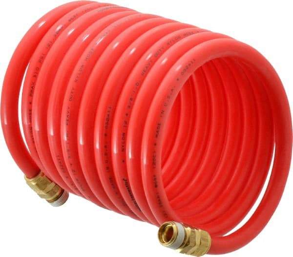 PRO-SOURCE - 3/8" ID, 3/8 Thread, 12' Long, Red Nylon Coiled & Self Storing Hose - 310 Max psi, Male Swivel x Male Swivel - Eagle Tool & Supply