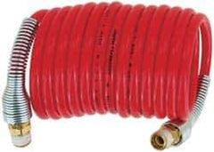 PRO-SOURCE - 1/4" ID, 1/4 Thread, 17' Long, Red Nylon Coiled & Self Storing Hose - 240 Max psi, Male Swivel x Male Swivel - Eagle Tool & Supply