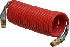 PRO-SOURCE - 3/16" ID, 1/4 Thread, 12' Long, Red Nylon Coiled & Self Storing Hose - 287 Max psi, Male Swivel x Male Swivel - Eagle Tool & Supply