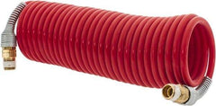 PRO-SOURCE - 3/16" ID, 1/4 Thread, 17' Long, Red Nylon Coiled & Self Storing Hose - 287 Max psi, Male Swivel x Male Swivel - Eagle Tool & Supply