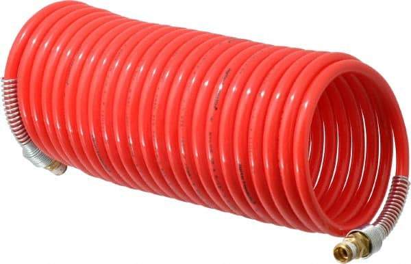 PRO-SOURCE - 5/16" ID, 1/4 Thread, 25' Long, Red Nylon Coiled & Self Storing Hose - 213 Max psi, Male Swivel x Male Swivel - Eagle Tool & Supply