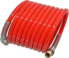 PRO-SOURCE - 3/8" ID, 3/8 Thread, 12' Long, Red Nylon Coiled & Self Storing Hose - 225 Max psi, Male Swivel x Male Swivel - Eagle Tool & Supply