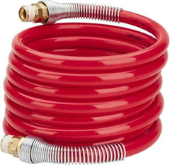 PRO-SOURCE - 1/2" ID, 1/2 Thread, 12' Long, Red Nylon Coiled & Self Storing Hose - 220 Max psi, Male Swivel x Male Swivel - Eagle Tool & Supply