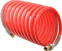 PRO-SOURCE - 1/2" ID, 1/2 Thread, 17' Long, Red Nylon Coiled & Self Storing Hose - 220 Max psi, Male Swivel x Male Swivel - Eagle Tool & Supply